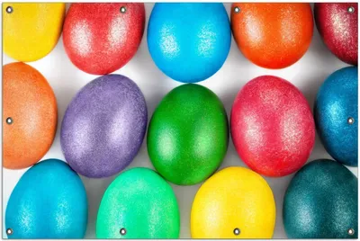 Produktbild von Wallario Outdoor-Poster für Garten oder Balkon, Motiv Bunte Oster-Eier in Nahaufnahme mit kräftigen Farben, in ca. 100 x 150 cm