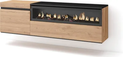 Produktbild von TV-Schrank, Lowboard, 150x35x45cm, Für TV-Geräte bis zu 65", Elektrokamin, Hängend, Eiche und Schwarz