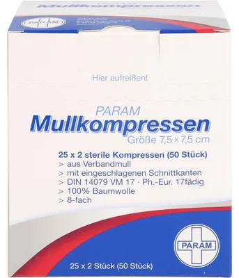 Produktbild von PARAM Mullkompressen 7,5 cm x 7,5 cm steril 8-fach, 50 St. Kompressen