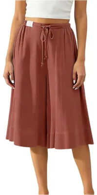 Produktbild von ASKSA Damen 3/4 Leinenhose Weites Bein Caprihose Sommer Palazzo Hosen Elegant Casual Leicht Freizeithose mit Taschen (Ziegelrot,XL)
