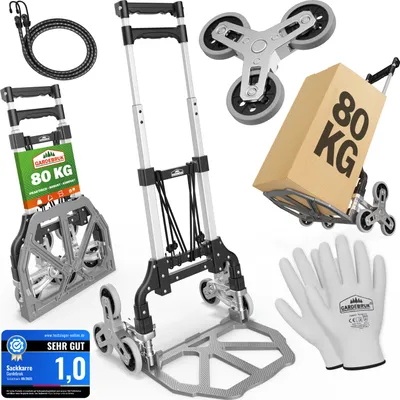 Produktbild von GARDEBRUK® Treppenkarre klappbar – Aluminium Transportkarre mit pannensicheren Reifen – 80 kg Tragkraft – inkl. Handschuhe & Expander – faltbare Sackkarre für Treppen & Garten