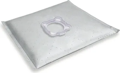 A single vacuum cleaner bag with a plastic adapter on a white background.