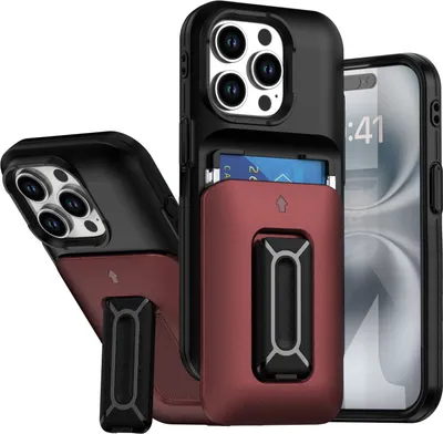 Produktbild von Kartenhalter Handyhülle für iPhone 15 Pro, Weiches TPU Brieftasche, Heavy Duty Ständer Hülle Rot
