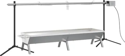 A rotisserie grill setup on a white background.