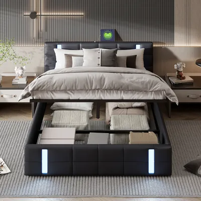 Obrázek produktu pro Čalouněná postel s LED/USB, hydraulická postel 140x200 cm s roštem a úložným prostorem, manželská postel dřevěná postel pro mladé, Imitace kůže, černá