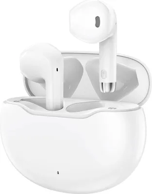 A pair of white wireless earbuds in their charging case.