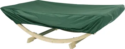 A green cover is draped over a hammock stand.