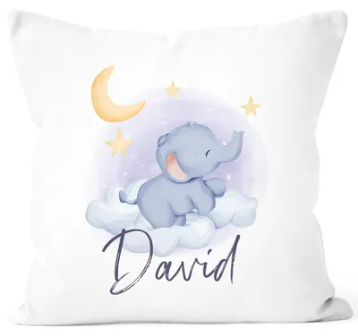 Produktbild von Kissen-Bezug Kinder mit Namen und Elefant Wunschname Namenskissen Mond und Sterne Kinder Baby SpecialMe® weiß 40cm x 40cm