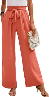 Produktbild von ASKSA Damen Weite Bein Hose Hohe Taille Leichte Sommerhose Einfarbig Lose Verstellbare Freizeithose mit Taschen (Koralle,XL)