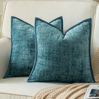 Produktbild von 2er Set Kissenbezüge Chenille Seenblau 40x40cm mit Samtrückseite