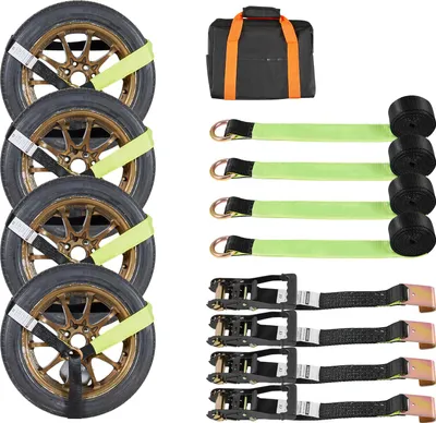 Produktbild von SucceBuy Radspanngurt Befestigungsgurt (50,8 x 3048 mm) mit flachem Haken, 4540 kg Zugfestigkeit & 1512 kg Tragfähigkeit, Motorrad-Spannsystem zur Reifensicherung für SUVs und Anhänger, Schwarz