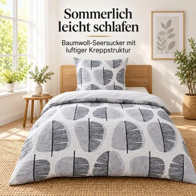 Produktbild von MALIKA Seersucker Bettwäsche 135x200 cm, 2-teilig aus 100% Baumwolle, bügelfreie Wende-Bettgarnitur mit Reißverschluss, atmungsaktiv, inkl. Kissenbezug 80x80 cm, Farbe:Tala-Wende, Größe:135x200 + 80x80 cm, KI-generiertes Bild