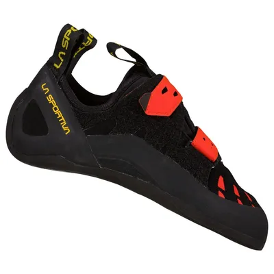 Kletterschuh Tarantula von La Sportiva in Schwarz mit roten Akzenten und Klettverschluss.