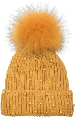 Produktbild von styleBREAKER Damen Strick Bommelmütze mit Perlen und Fleece Futter, warme Winter Fellbommel Mütze, Fake Fur 04024155