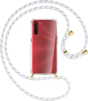 Produktbild von Handykette Backcover-Schutzhülle mit Band (Metall goldfarben) für Oppo A91 / F15 / Reno3 - weiß/grau