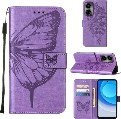 Produktbild von Tecno Camon 19 Hülle, Schmetterling Prägung Flip Leder Kartenfächer Schutzhülle Ledertasche mit Ständer für Tecno Camon 19 Violett