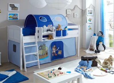Produktbild von Hochbett "Eric" Country Kiefer Weiß Motiv (Pirat Hellblau-Dunkelblau)
