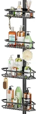 Productafbeelding van PromoHome® Telescopische doucheplank, hoekplank met 4 planken, badkamerplank zonder boren, verstelbaar, 157-290 cm, zwart