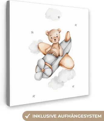 Produktbild von MuchoWow® - Leinwandbilder - Bär - Flugzeug - Sterne - Kinder, Wandbild, Wanddeko Bilder Wohnzimmer, 50x50 cm