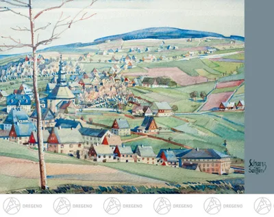 Zdjęcie produktu dla Karta artystyczna Maxa Schanza „Farben des Gebirges” (Kolory gór), Seiffener Dorf Szerokość x wysokość ok. 10,5 cm x 14,8 cm NOWA
