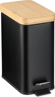 Produktbild von Relaxdays Mülleimer Bad, 5 Liter, entnehmbarer Inneneimer, Kosmetikeimer, Metall, Badmülleimer mit Bambusdeckel, schwarz