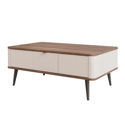Produktbild von NAVANI Couchtisch mit Schublade eleganter Wohnzimmertisch mit schwarzem Metallgestell Kaffetisch Geriffelte Goldgriff 100x60 cm Kaschmir + Nussbaum