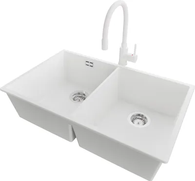 Produktbild von PRIMAGRAN Granitspüle Weiß 76x47cm, Spülbecken 2 Becken + Küchenarmatur 38x14cm + Ablauf-Set, Küchenspüle ab 80er Unterschrank - London Slim Twin