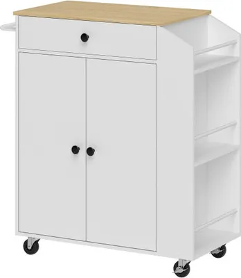Produktbild von Kuecheninsel Weiss 82x38x86.5cm Mit Arbeitsplatte Schublade Kuechenschrank Auf Rollen Einlegeboden Gewuerzregal Handtuchstange Servierwagen Vitrine