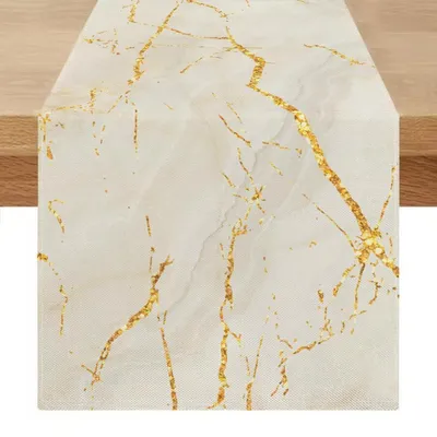 Obrázek produktu pro Běžec na stůl, moderní design, mramorový vzhled, bílá a zlatá barva, rozměry 40 x 140 cm, materiál: len a polyester