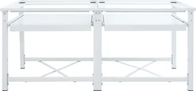 A white metal frame for a washing machine stand with two pull-out shelves.