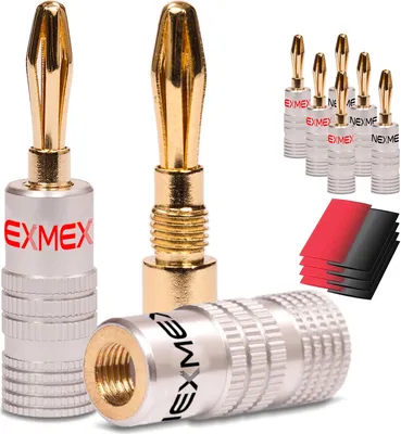 Produktbild von 8x Bananenstecker von NEXMEX mit Schrumpfschlauch High End Bananas 24K vergoldet