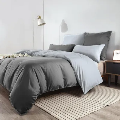 Produktbild von Bettwäsche-Set 200x200 cm Grau Mikrofaser Bügelfrei Knitterfrei mit 2x Kissenbezug 80x80 cm Reißverschluss Anthrazit/Grau