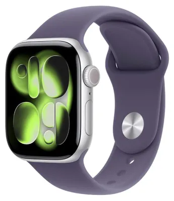 Zdjęcie produktu dla Apple Watch Series 11 z GPS, 42 mm, srebrna obudowa aluminiowa z opaską sportową w kolorze Purple Fog – rozmiar M/L, model A3331