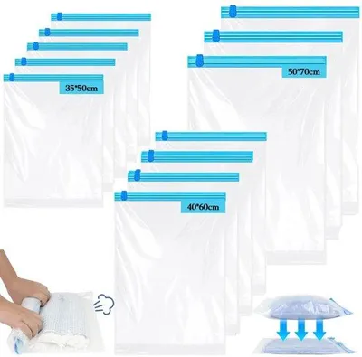 Produktbild von 12 Vakuumbeutel für Kleidung, ideal für Reisen, in 3 Größen, Vakuumbeutel für unterwegs, keine Vakuumpumpe erforderlich, Reiseaccessoires, Urlaubsprodukte (5 x 35 x 50 cm / 4 x 40 x 60 cm / 3 x 50 x 70 cm)