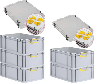 Produktbild von SparSet 5x Eurobox NextGen Color mit Auflagedeckel und Schiebeschnappverschlüsse | HxBxT 22x40x60cm | 44 Liter | Grau | Griffe gelb geschlossen | Verstärkter Boden | Eurobehälter, Transportbox, Transportbehälter, Stapelbehälter