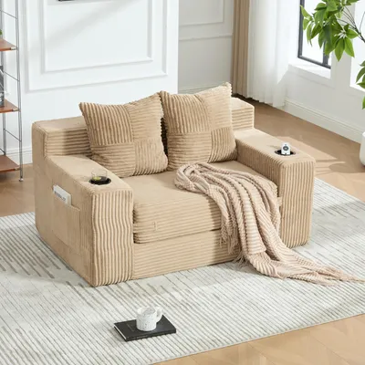 Produktbild von okwish Klappsofa mit 2 Kissen und Becherhalter,Modernes 2-Sitzer Schlafsofa mit seitlicher Aufbewahrung, klassisches Sofa in khaki