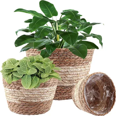 Productafbeelding van 3 Stuks Gevlochten Bloemenmand, Plantenmand met Folie, Ronde Manden Groot Middel Klein, Natuurlijke Look voor Bloempot, Woonkamer, Balkon en Decoratie