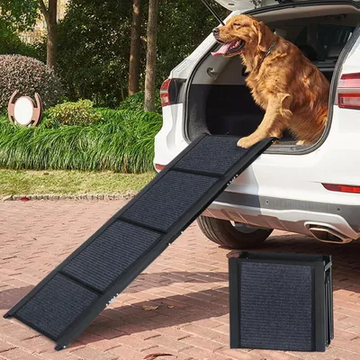 Produktbild von Hunderampe Auto klappbar 160cm mit High Traction Teppichoberfläche, einstiegshilfe für Autos, LKWs, SUVs, bis 70kg, Schwarz