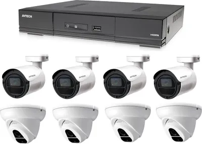 Produktbild von Überwachungskamera Set 8CH H.265, 1x AVTECH DVR DGD1009AV, 4x 2MPX Dome kamera AVTECH DGC1004XFT a 4x 2MPX Bullet kamera AVTECH DGC1105YFT, Überwachungssystem mit 4x Stromversorgung, 1080p Video, IP66 wasserdichte