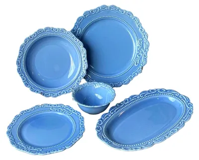 Produktbild von Retro blauer Spitzenteller aus französischer Keramik - 21,6 cm Suppenteller