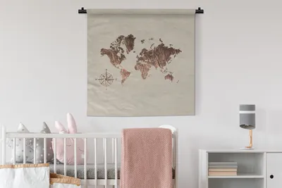 Produktbild von MuchoWow® Wandteppich Wandbehang Weltkarte - Holz - Kompass 90x90 cm Tapisserie Dekoration Wandtuch - Wandaufhänger