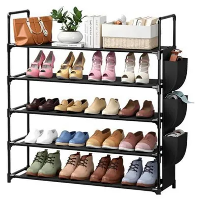 Immagine prodotto di Scarpiera a 5 ripiani con tasche laterali, per 20-25 paia di scarpe, in metallo nero, dimensioni 83x28x88 cm