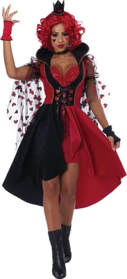 A woman wearing a Queen of Hearts costume.
