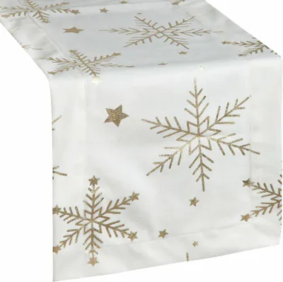Produktbild von EUROFIRANY | Weihnachts-Tischband - Weihnachtsläufer - 40 x 140 cm - Weiß Gold - Schneeflockenmuster - Tischläufer - Weihnachten