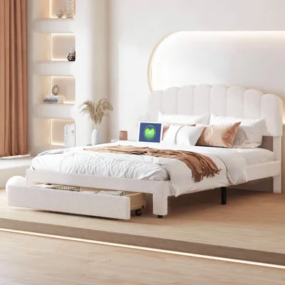 Imagen del producto de Cama tapizada Fortuna Lai, tamaño 160x200 cm, con puerto USB, cajón, somier, cabecero ajustable, tapizada en terciopelo tipo "teddy", color blanco