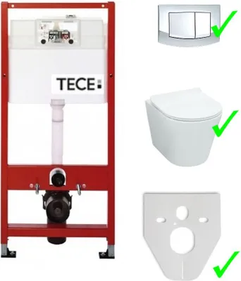 A collage of bathroom fixtures including a toilet cistern frame, a flush plate, a wall-hung toilet, and a mounting bracket.