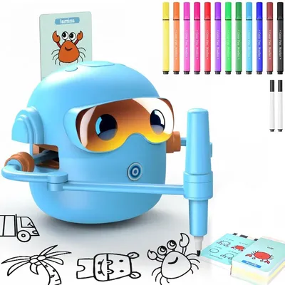 Produktbild von Intelligenter Zeichenroboter für Kinder,Lernspielzeug & Malroboter, automatisch zeichnend, mit 100 Zeichenkarten,2 Stiften & 12 Buntstiften,Blau