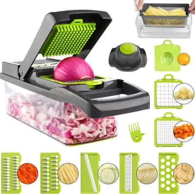 Productafbeelding van Multifunctionele groentesnijder met mandoline, 12-in-1, met 7 roestvrijstalen messen, eierdooierafscheider en handschild