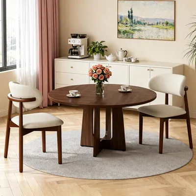 Produktbild von okwish Rundes Esszimmer-Set mit Tisch und 2 Stühlen, Küchentisch minimalistisches Design,Stühle mit geschwungener Rückenlehne,Nussbaum