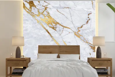 Produktbild von MuchoWow® Fototapete für Wohnzimmer oder Schlafzimmer Wandtapete Vinyl Motivtapete Marmor - Weiß - Gold - 300x300 cm - Wanddekoration